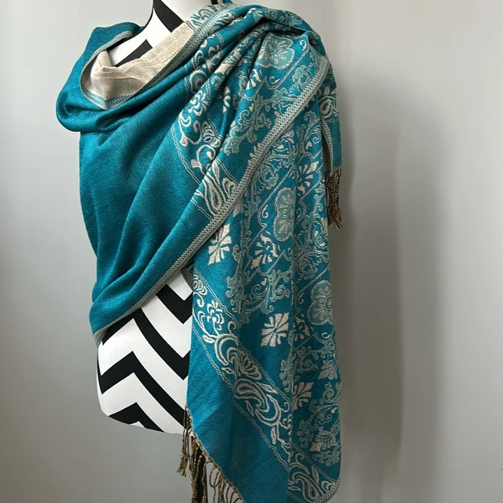 Blue/Green & Tan Scarf/Wrap - Picture 2 of 5
